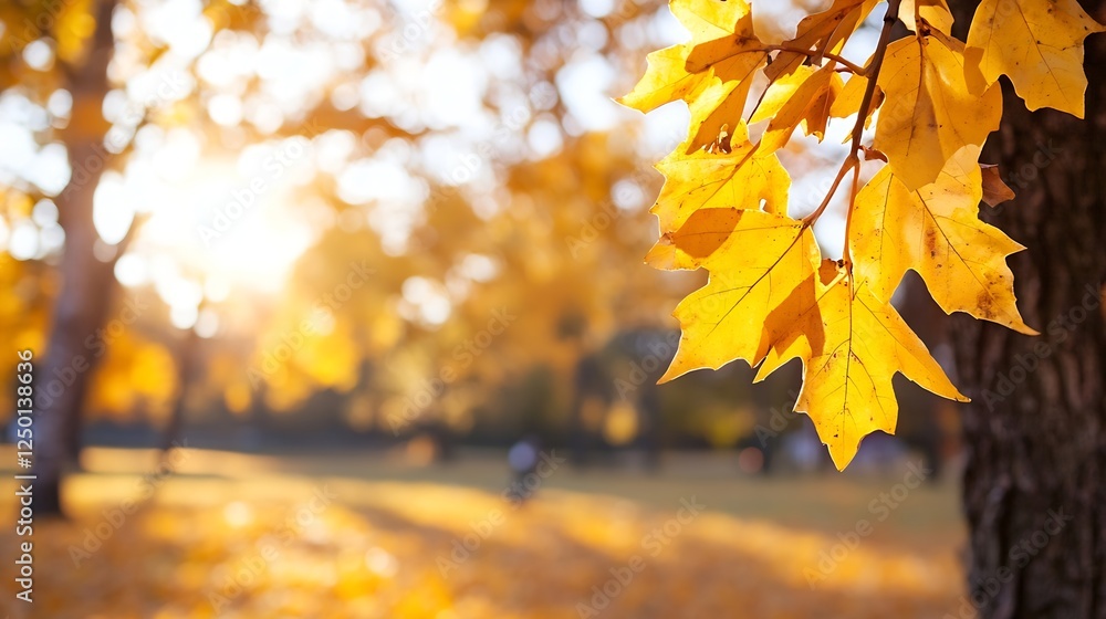 Poster vibrant autumn leaves illuminated by sunlight in a tranquil park setting : generative ai