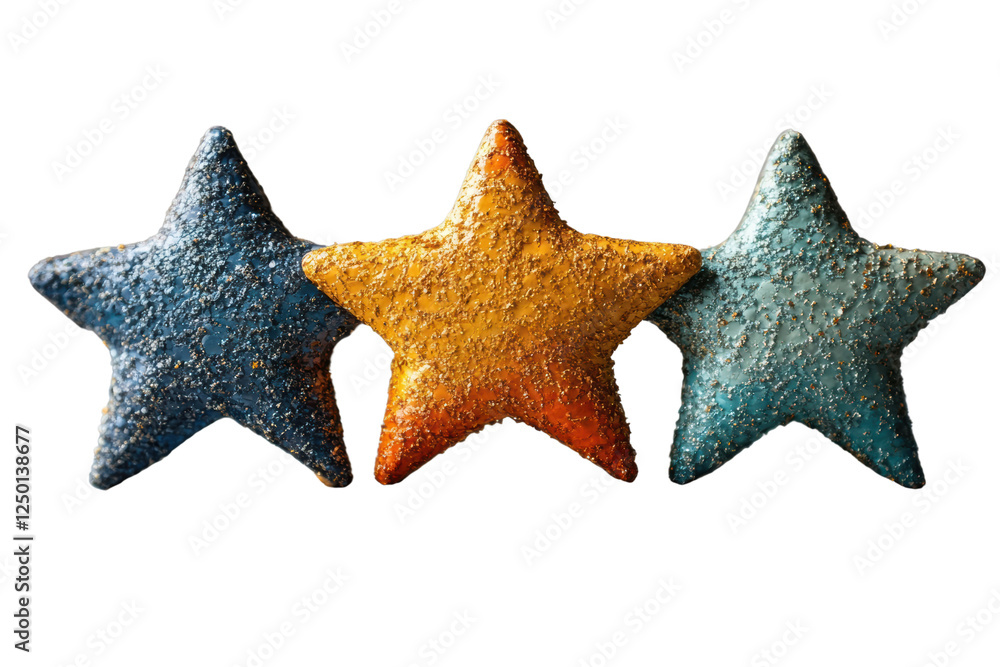 Poster Three vibrant, textured stars showcasing unique colors. Perfect for adding a touch of color and dimension to any creative project or design.