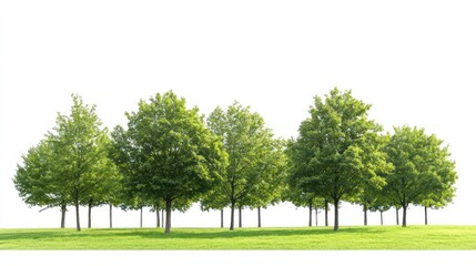 Lush green trees on grassy field, isolated on white; nature background