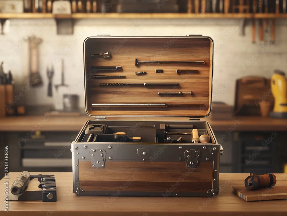 Poster open wooden toolbox with various tools on a workbench in a workshop.