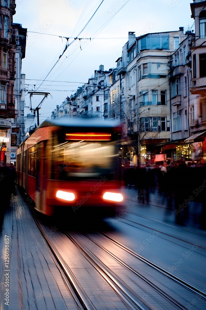 Poster Fast Moving Tram in Urban Setting with Soft Evening Light and Blurred Background : Generative AI