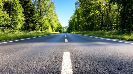Fototapeta premium Wide open road in lush green forest with blue skies and bright sun perfect for travel photography : Generative AI