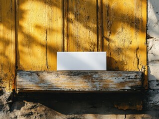Blank White Canvas Mockup on Rustic Wooden Shelf Against Weathered Yellow Wall.