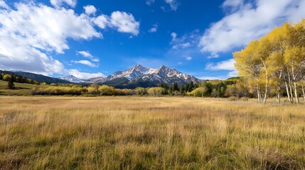 Fototapeta premium Vibrant autumn mountain scenery with colorful foliage and snow capped peaks under a blue sky : Generative AI