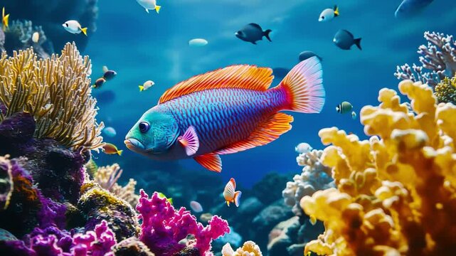 Astonishing school of parrotfish swimming through colorful coral reefs in clear blue waters.