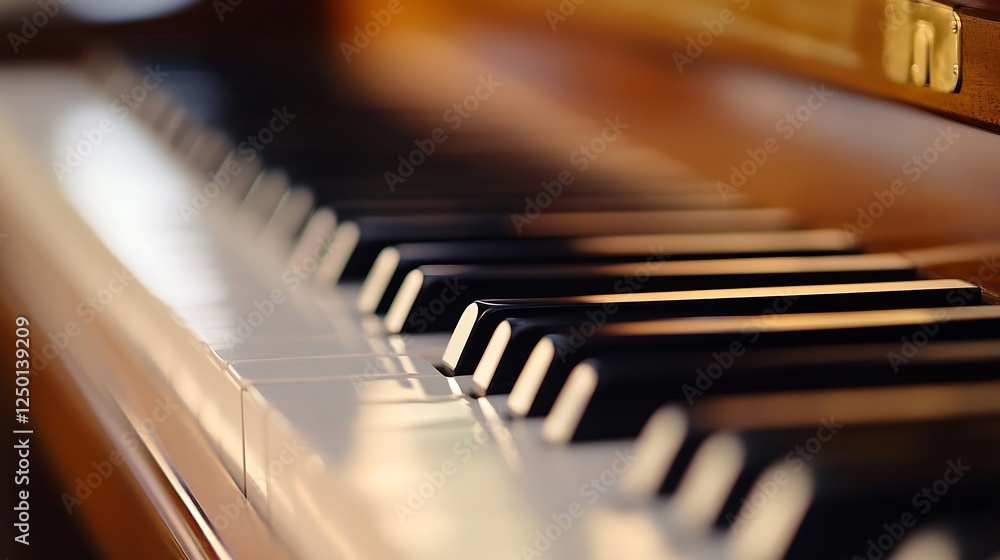 Poster close up of polished piano keys capturing the soft light in a warm and inviting setting : generative