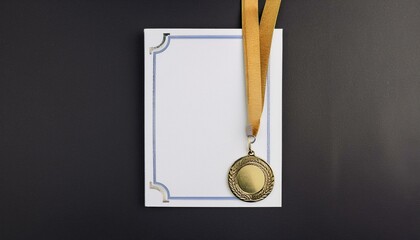 Gold medal and certificate on dark background. Achievement, success concept.
