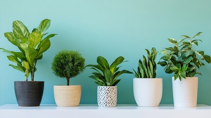 Fototapeta premium Selection of stylish houseplants in modern pots arranged against a vibrant blue background : Generative AI