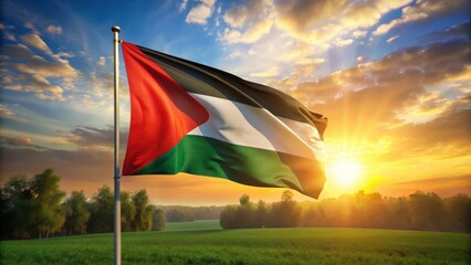 UAE National Flag waving under warm sunlight with vibrant colors amidst a serene landscape , uae,