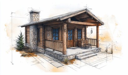 Architectural sketch of a rustic wooden cabin with stone foundation, porch, and surrounding landscape.