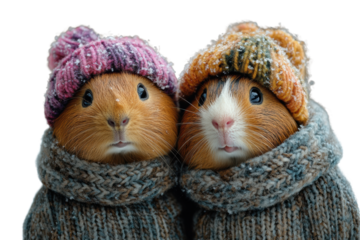 Two adorable guinea pigs dressed in cozy winter outfits, featuring colorful hats and sweaters, creating a heartwarming, playful scene in a winter setting.