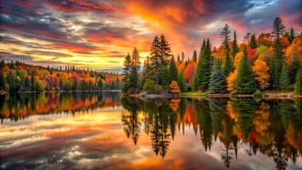 Autumn Sunset Reflection: Pine & Spruce Trees in Fall - Stock Photo