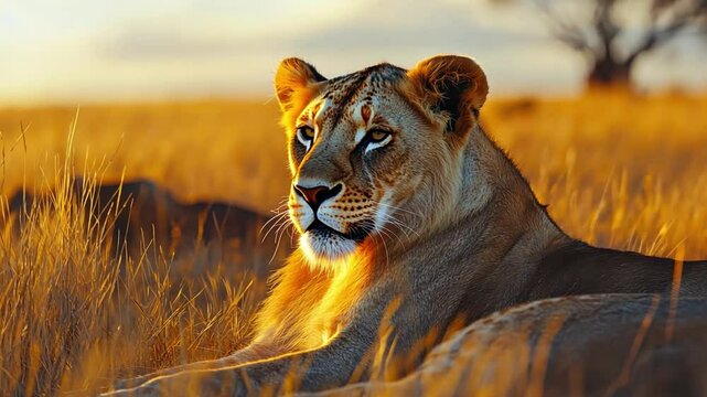 A pride of lions is lounging in the golden grasslands, basking under the warm African sun.