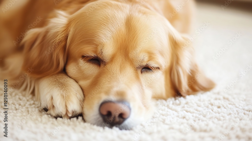 Poster golden retriever napping peacefully on soft carpet in cozy indoor setting : generative ai