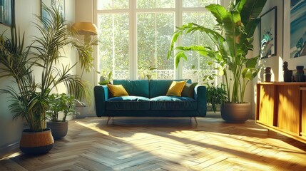 Sunlit Living Room with Teal Sofa and Lush Greenery