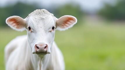 Close Up of Adorable White Calf in Green Pasture : Generative AI