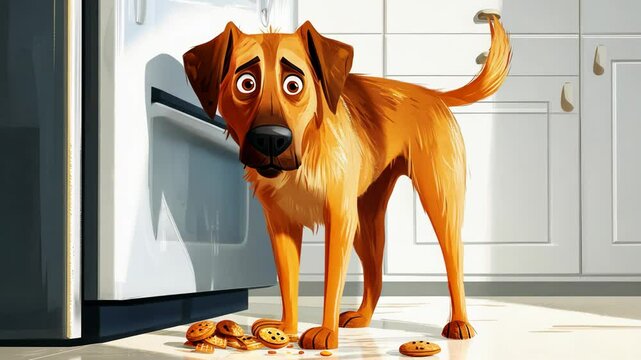 Cartoon dog sniffing fallen cookies on kitchen tiles, eyes wide with wonder and mischievous excitement in playful animated scene