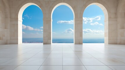 Architectural Beauty of Arched Windows with Scenic View of Sky and Outdoors : Generative AI