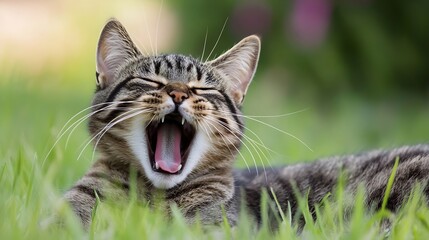Obraz premium Yawning tabby cat relaxing on green grass with a peaceful expression and playful mood : Generative AI