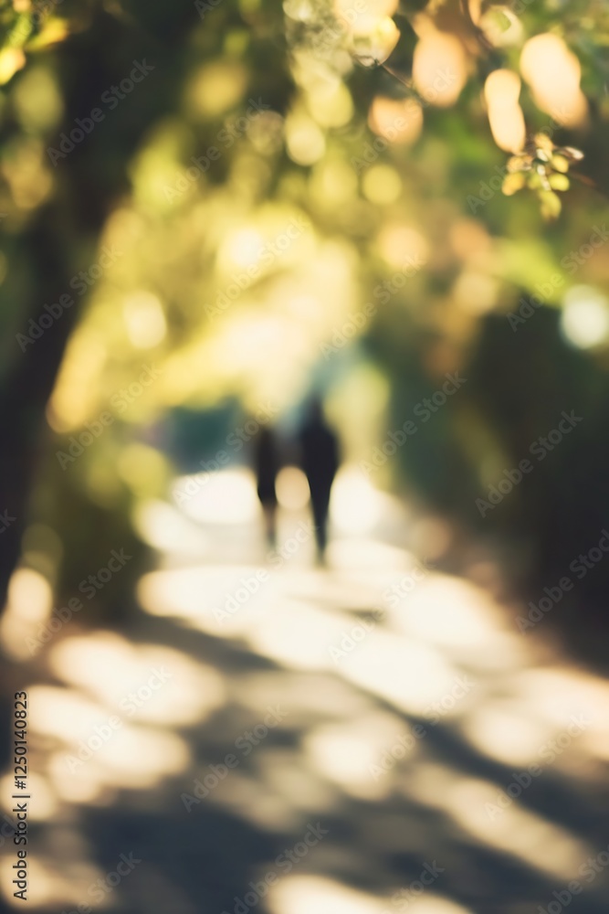 Aufkleber blurred silhouettes of two people walking through a scenic tree-lined pathway in nature : generative