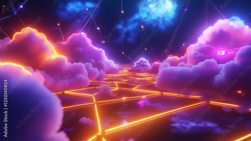 Aufkleber abstract colorful cloud with neon lights and dark background depicting data pulses and technology