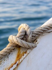 Fototapeta premium Close up of a marine rope knot on a boat deck at harbor : Generative AI