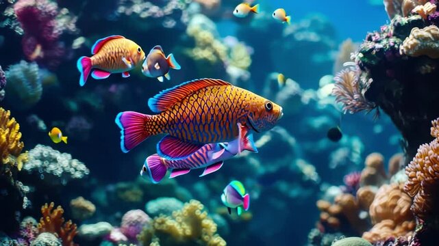 Astonishing school of parrotfish swimming through colorful coral reefs in clear blue waters.