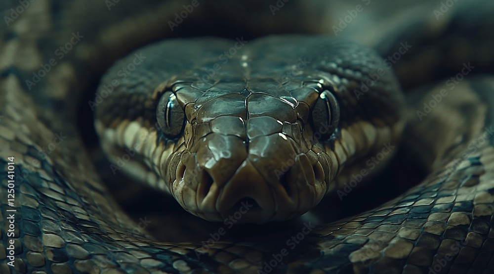 Poster close-up of a python's head, showing scales, eyes, and intense gaze.