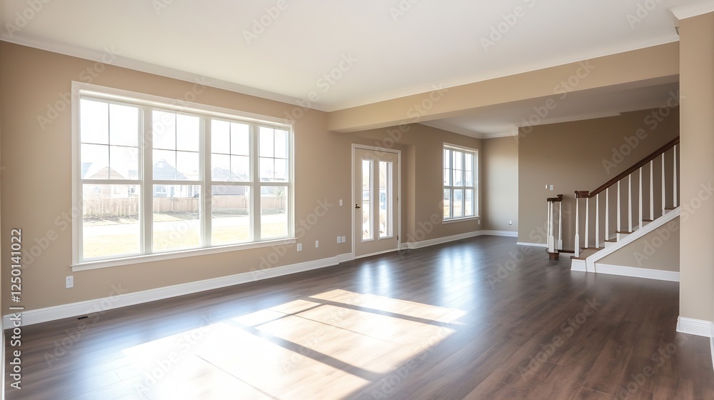 Canvas Prints Spacious empty living room with large windows and wooden flooring providing natural light : Generative AI