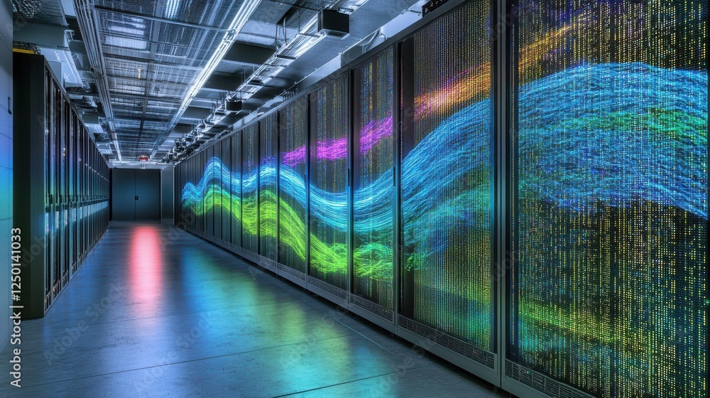 Poster long hallway featuring ai supercomputer with holographic processing and data display panels