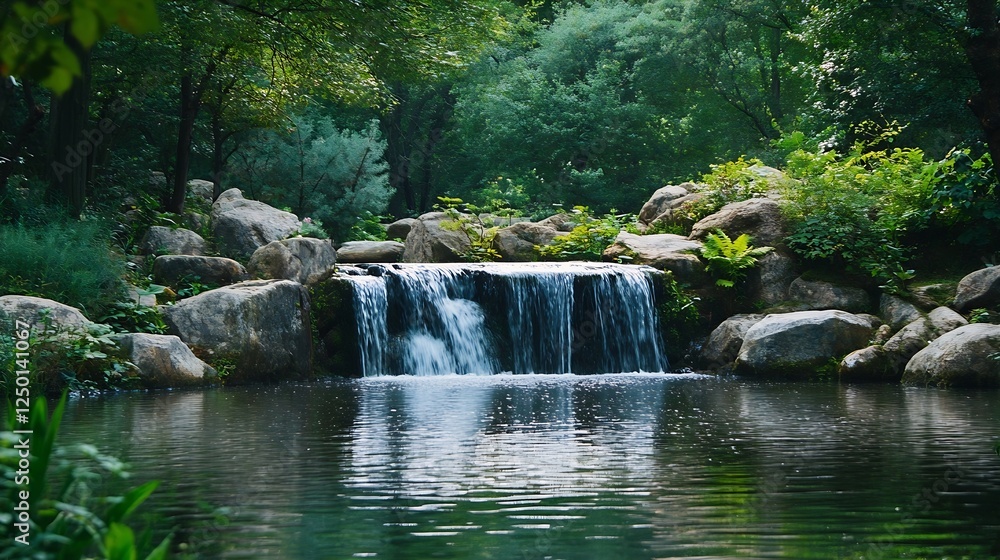 Poster serene waterfall surrounded by lush greenery creating a peaceful natural landscape : generative ai