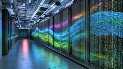 Long hallway featuring ai supercomputer with holographic processing and data display panels