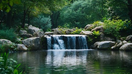 Fototapeta premium Serene Waterfall Surrounded by Lush Greenery Creating a Peaceful Natural Landscape : Generative AI