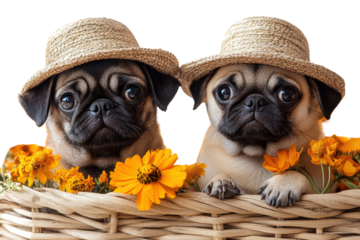 Two adorable pugs wearing straw hats sit in a basket surrounded by vibrant marigold flowers, showcasing a delightful and playful spring vibe.