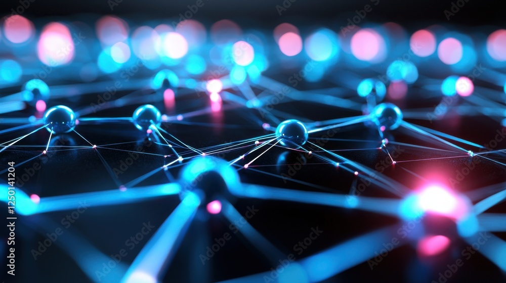 Poster abstract network visualization glowing blue and pink nodes connected on dark background
