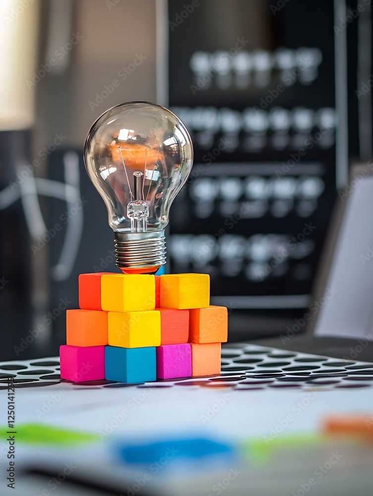 Poster creative concept of thinkers light bulb over colorful blocks : generative ai