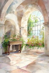 Naklejka premium Serene Courtyard with Stone Arches and Blooming Flowers