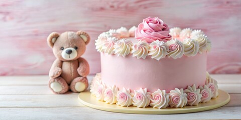 Naklejka premium Soft pastel pink cake with white fluffy frosting and chocolate teddy bear decoration, food styling, sweet art