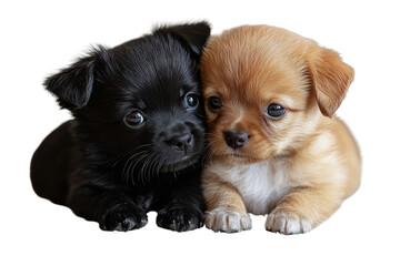 Two adorable puppies cuddle together, showcasing their playful nature and affectionate bond....