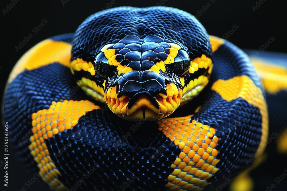 Poster black and yellow snake with ball python on white background for copy space in photography