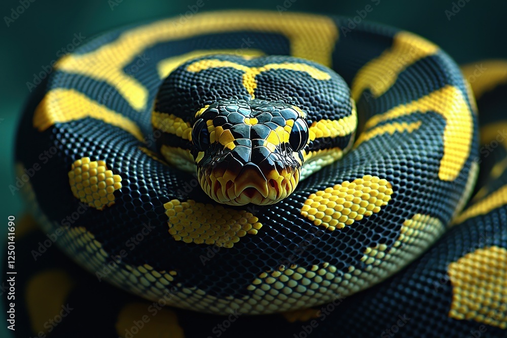 Poster realistic photography of a yellow and black snake with copy space for text or design elements