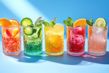Fototapeta premium Four vibrant cocktails in glasses with mint and lime.