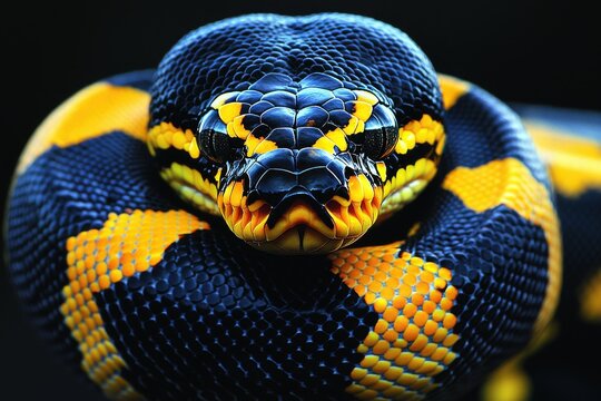 Black and yellow snake with ball python on white background for copy space in photography