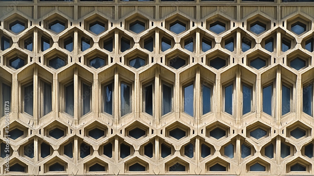 Poster geometric beige facade with hexagonal window pattern.