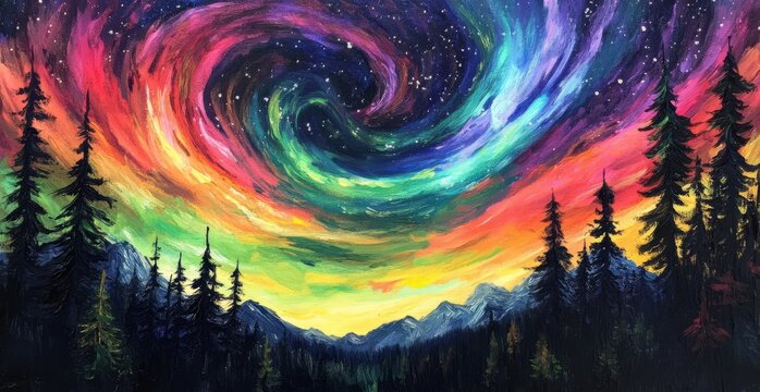 Colorful swirling aurora borealis over mountain forest
