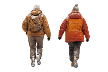Two individuals walk side by side in winter attire, surrounded by snow, showcasing a cozy outdoor...