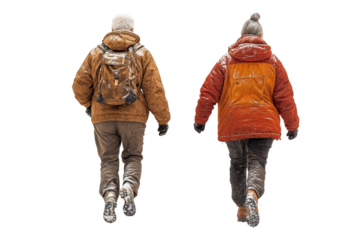 Two individuals walk side by side in winter attire, surrounded by snow, showcasing a cozy outdoor lifestyle and the joy of winter adventures.