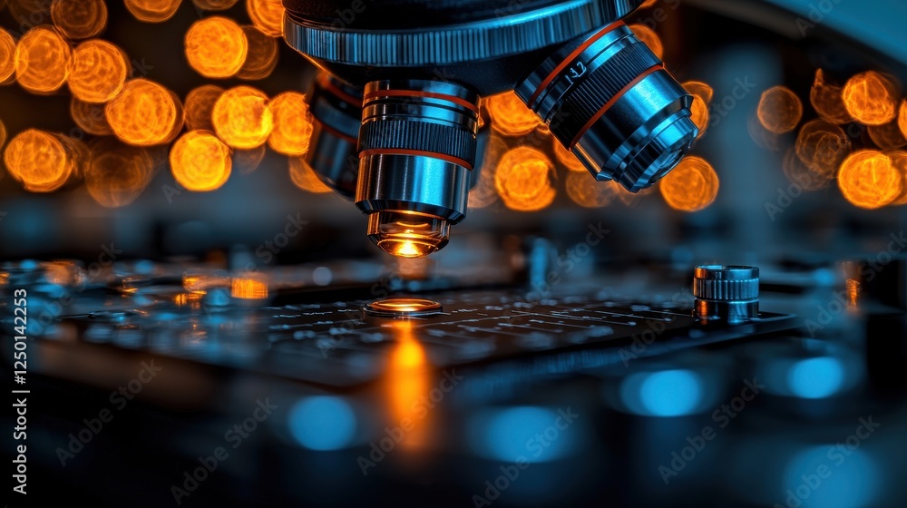 Poster close-up of a sleek microscope with additional microscope in soft focus background