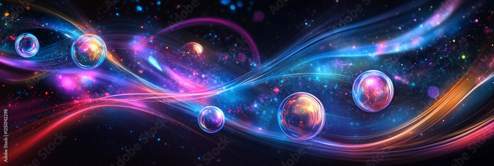 Canvas Prints abstract cosmic art with glowing orbs and vibrant energy streams in a dark space.