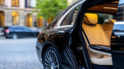 Luxury Car Door Opens to Elegant Interior in Urban Setting with City Lights : Generative AI